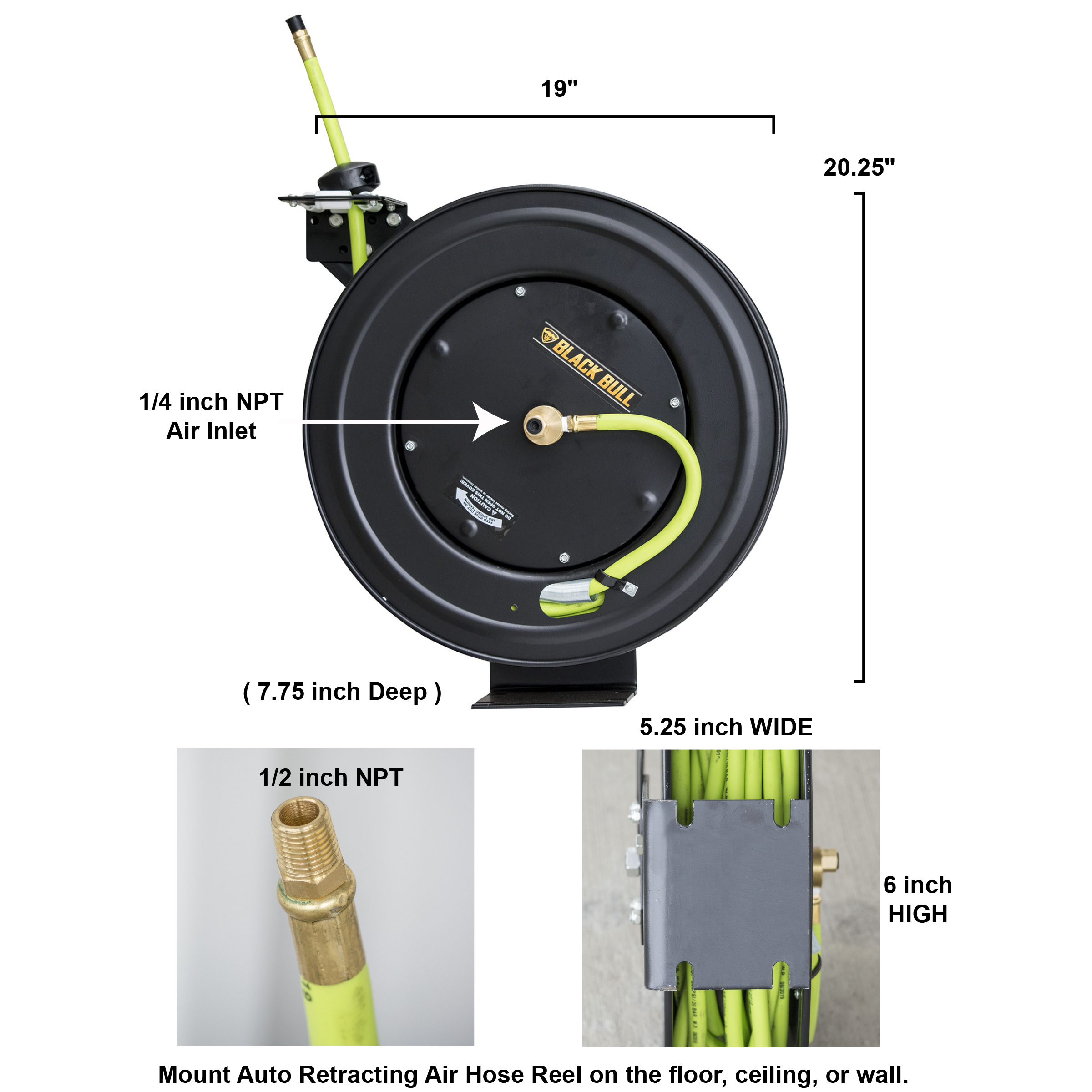 Foot Retractable Air Hose Reel With Auto Rewind Black Bull